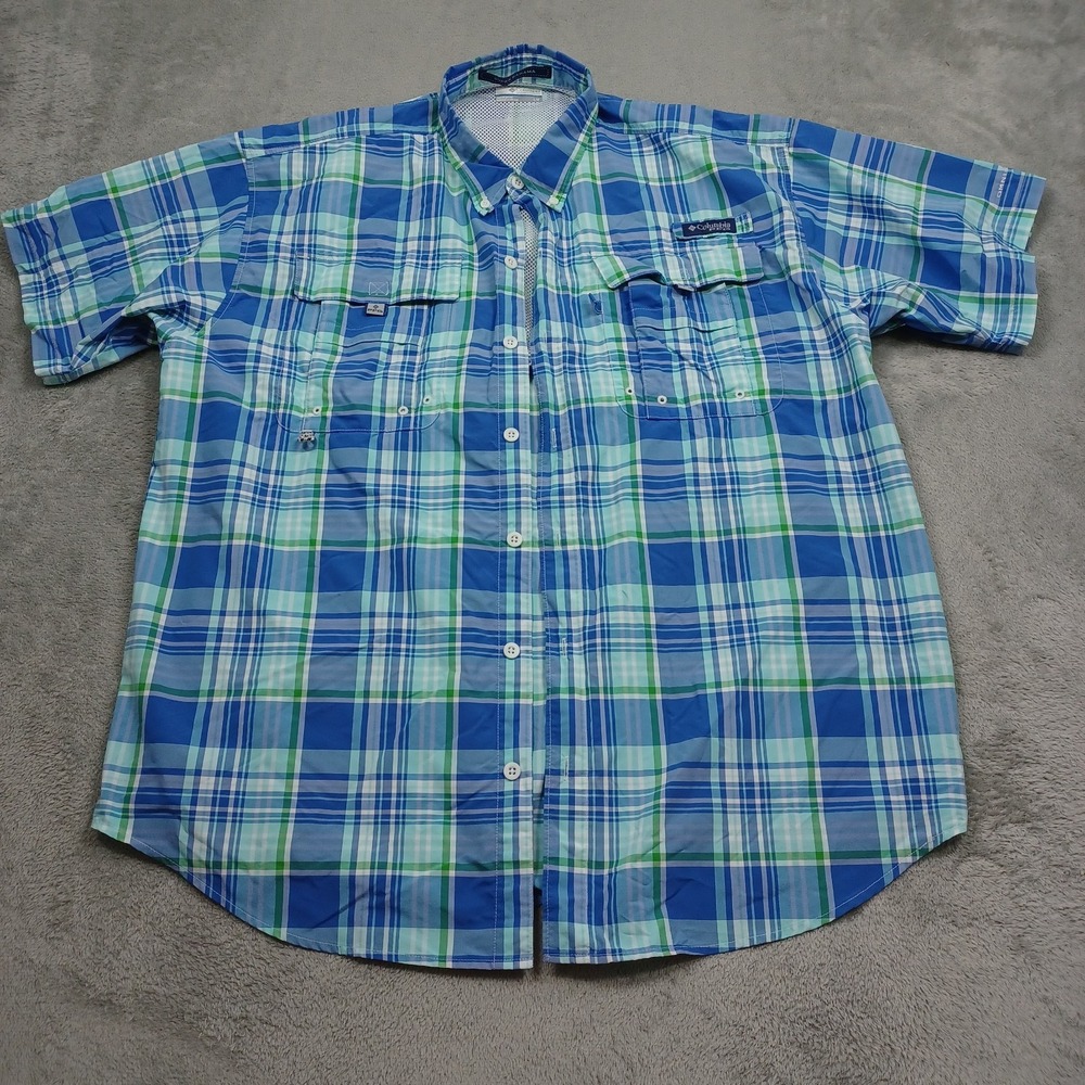 Columbia Shirt Mens Large Blue Plaid Outdoor Short Sleeve Casual PFG Fishing